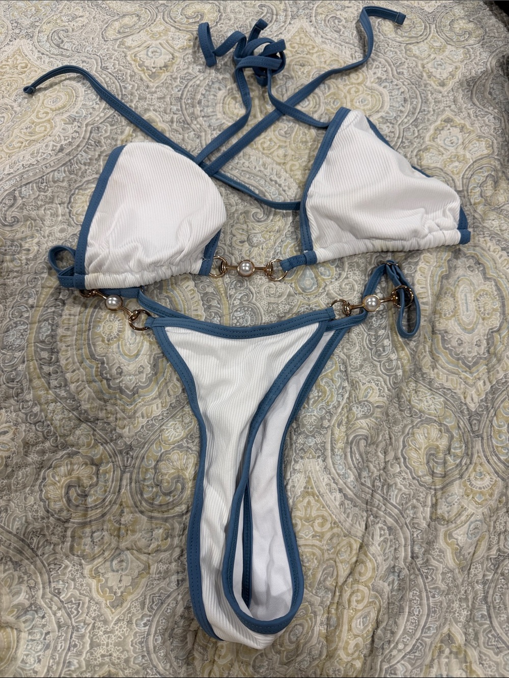 Amazon White Ribbed Bikini with Blue Trim and Pearl Accents